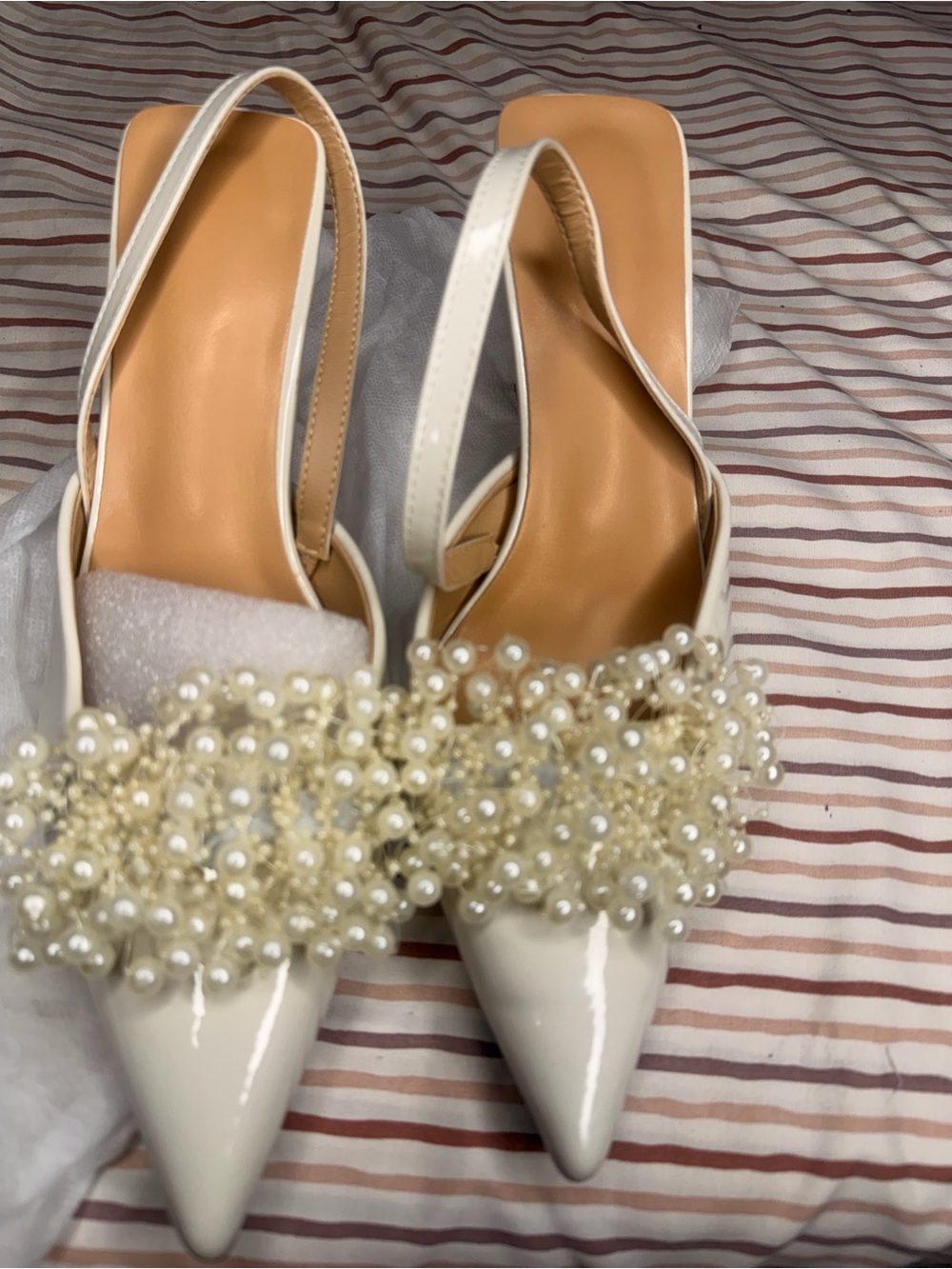 SHEIN White Pearl-Embellished Pointed Slingback Heels